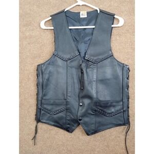 Leather Motorcycle Vest Mens 40 Black Braided Trim Snap Closure Pockets Made USA